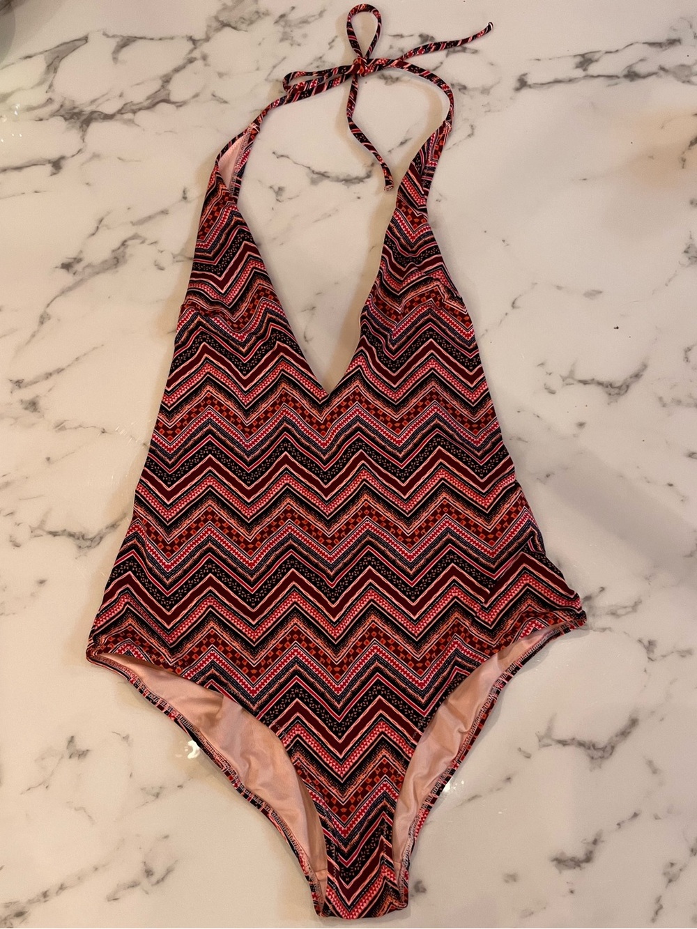 H&M 70s Vibe Deep V-neck Halter One Piece Swimsuit